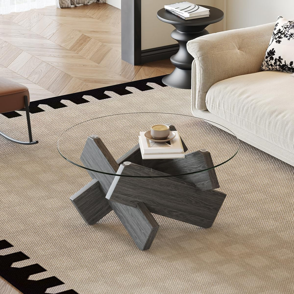 Gray Round Glass Coffee Table,33-Inch Coffee Tables for Living Room Clear Circle Accent Table Adapts to Farmhouse and Contemporary Decor