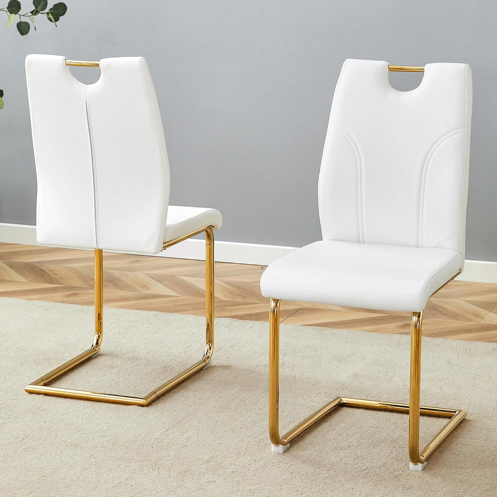 White Dining Chairs Set of 4,Modern Faux Leather Kitchen Chairs,Chrome Gold Legs,Easy to Clean,Dining Room,Office
