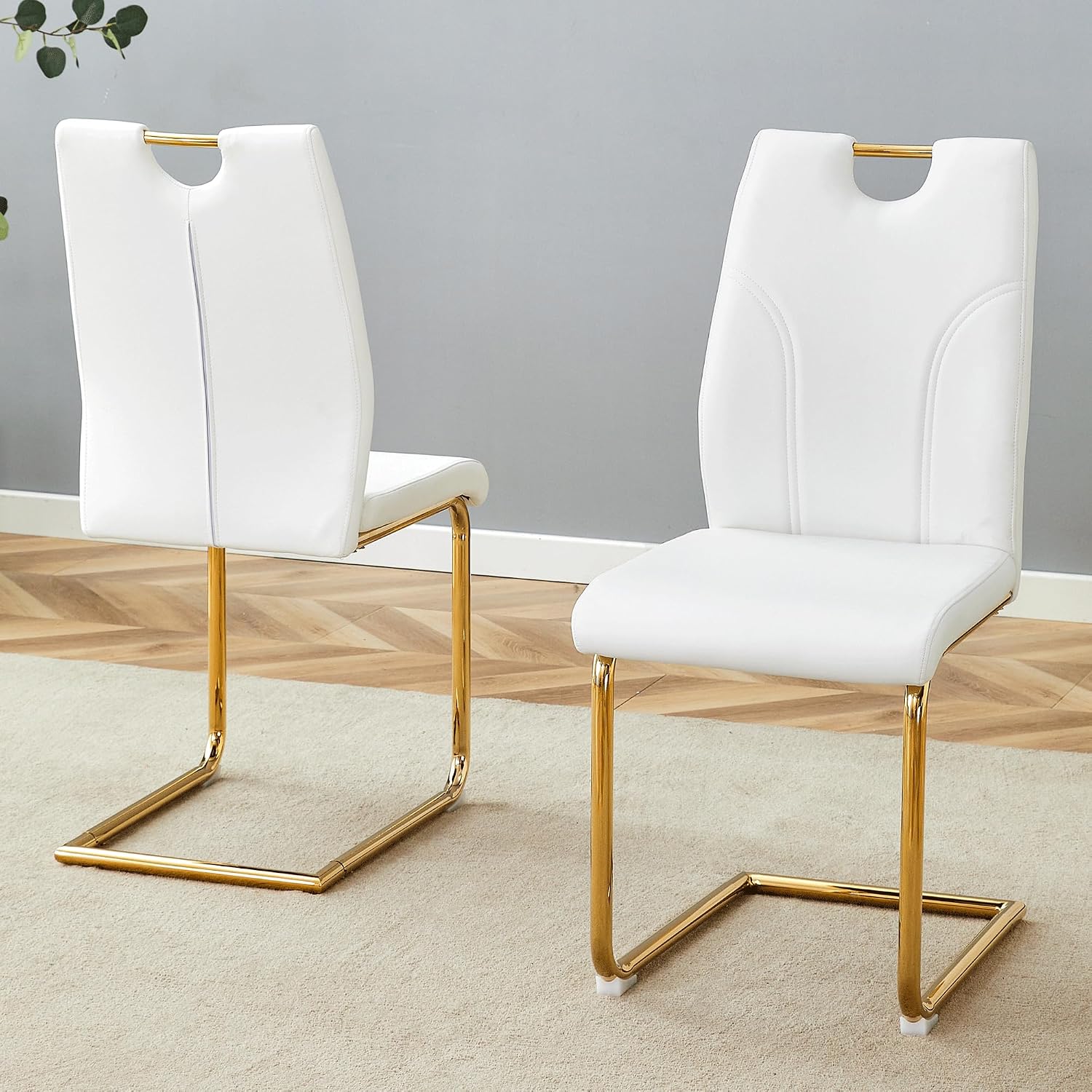 White Dining Chairs Set of 4,Modern Faux Leather Kitchen Chairs,Chrome Gold Legs,Easy to Clean,Dining Room,Office