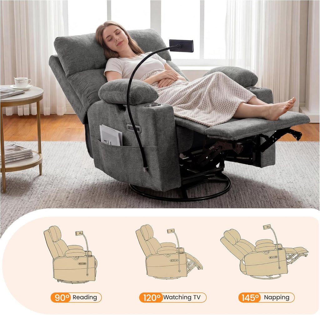 FiveWillowise Power Rocking Chair Nursery with Adjustable Armrests&Headrest, Glider Recliner Chair, Swivel Reading Chair with Electric Lumbar Support, Cup Holder, Nightlight and USB Ports, Grey