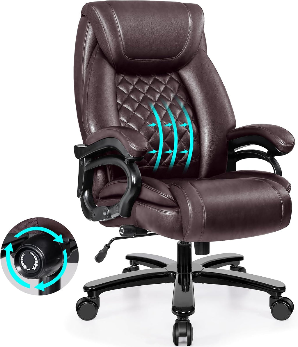 Big and Tall 500lbs Office Chair,Heavy Duty Large PU Leather Executive Desk Chair with Wide Seat, Adjustbale Ergonomic Lumbar Support High Back Rocking Computer Chair for Heavy People (Brown)