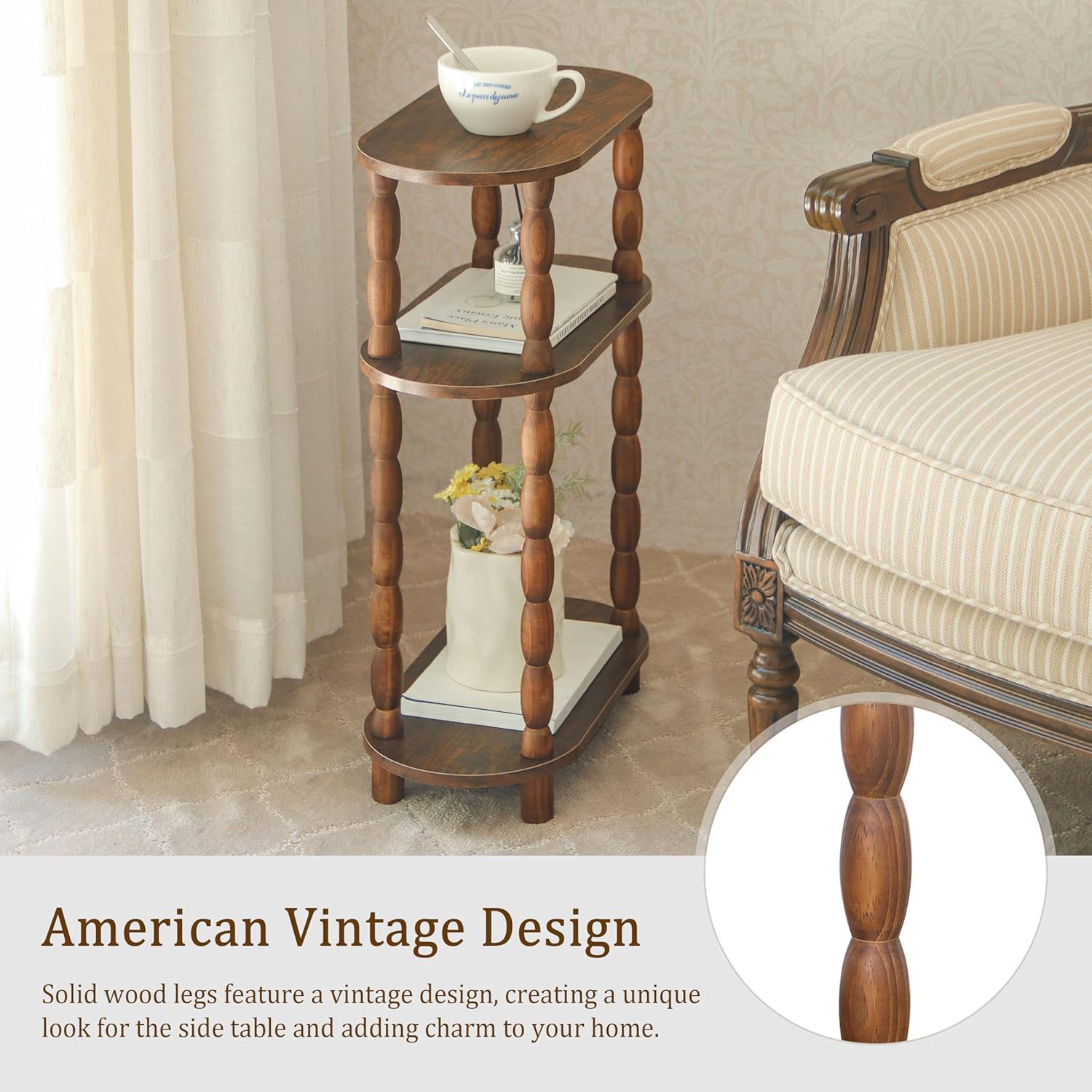 MaxSmeo Narrow Side Table Set of 2, 3-Tier Narrow End Table Living Room Set of 2 with Storage, Skinny Side Table Nightstand for Small Space, Bedrooms, Living Room (Rustic Brown)