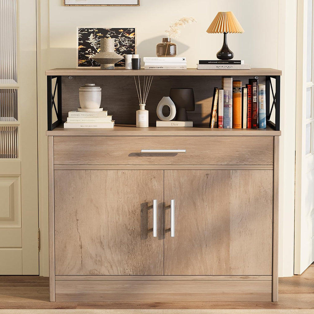 Buffet Cabinet, Coffee Bar Cabinet, Sideboard with Storage and Drawer, Farmhouse Storage Cabinets, Wooden Kitchen Cabinets for Living Room, Hallway, Ivory