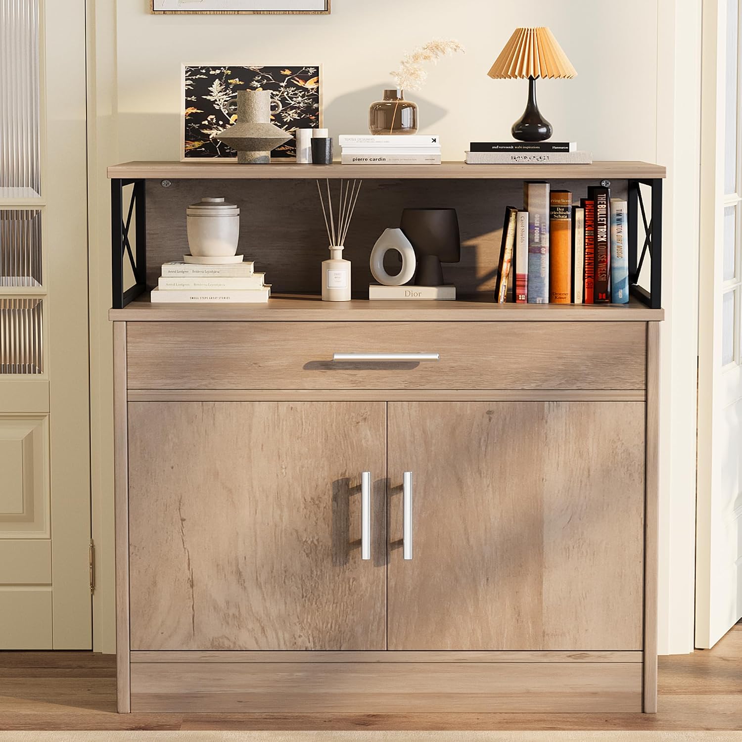 Buffet Cabinet, Coffee Bar Cabinet, Sideboard with Storage and Drawer, Farmhouse Storage Cabinets, Wooden Kitchen Cabinets for Living Room, Hallway, Ivory