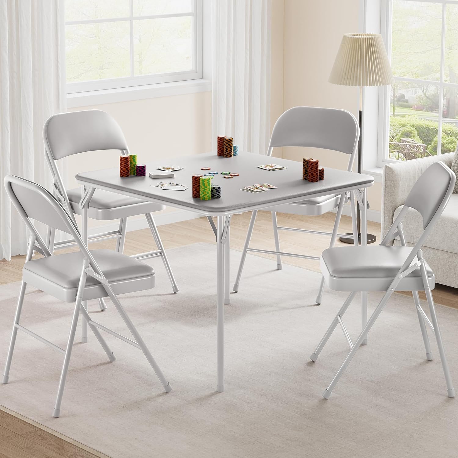 CuisinSmart Folding Card Table and Chair Set of 5, Portable Square Card Table with 4 Padded Chairs, Foldable Chairs and Tables for Home, Indoor and Outdoor, Space-Saving, No Assembly Required, Grey