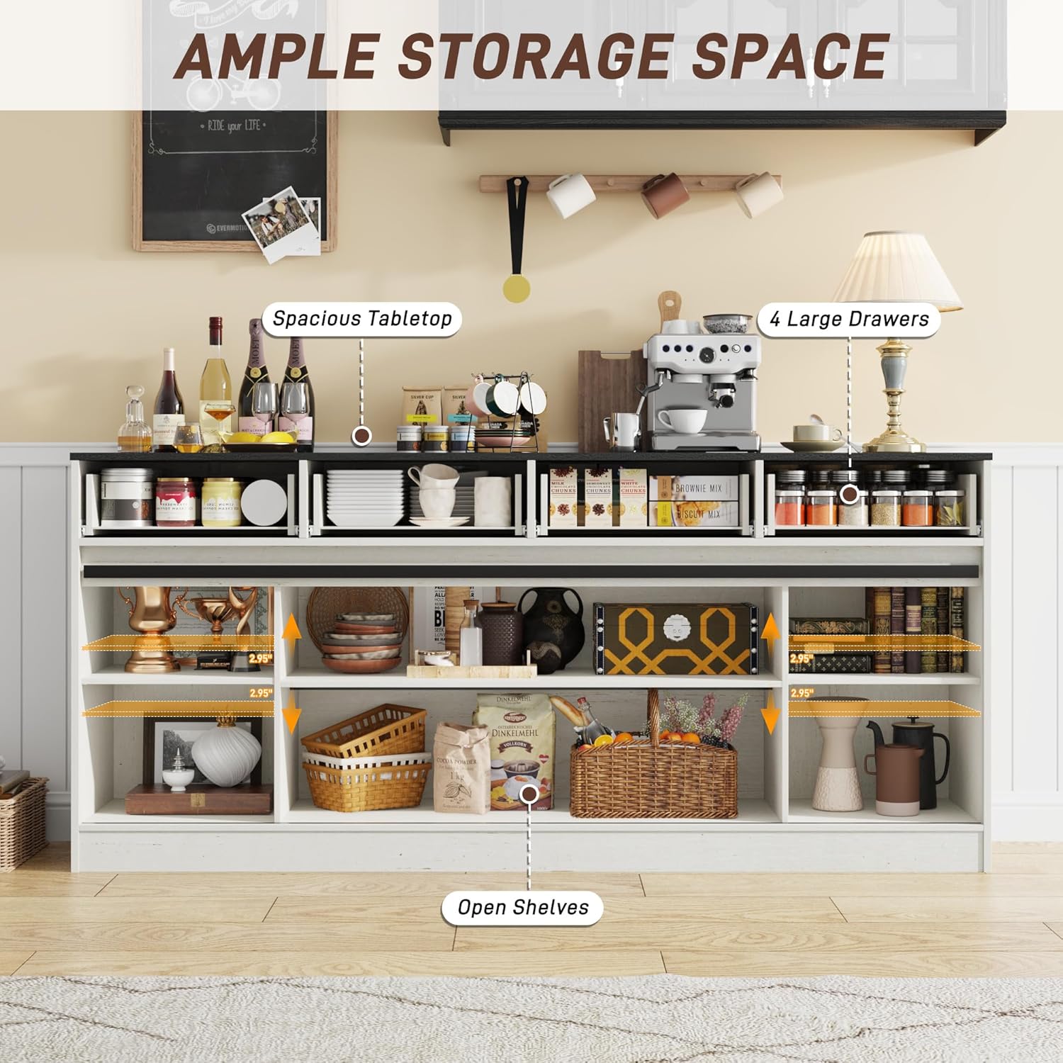 70” Large Buffet Sideboard Cabinet w/4 Drawer,Farmhouse Coffee Bar Cabinet Buffet with Storage,Sliding Door,Long Kitchen Buffet Table,Kitchen Sideboard Cabinet,Credenza for Dining Room,Off White
