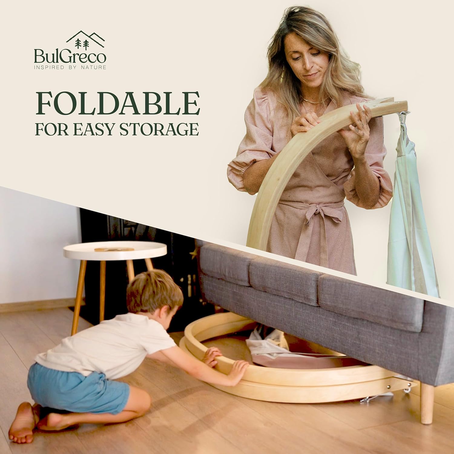 GiggleNest by BulGreco - Kids Foldable Hammock Swing for Toddler Fun, Nap, Play, Sleep. Wooden with Unique 2 Way Swinging Motion, Children 1.5+ to 6 years, up to 45" and 70lb. Rocker 100% Cotton Cloth
