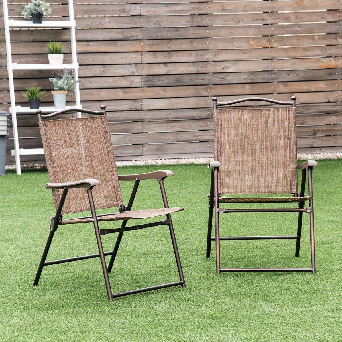 Giantex Set of 2 Patio Folding Chairs, Outdoor Patio Dining Chairs w/Armrest, Sling Back, Metal Frame, Outside Use for Lawn Camping Garden Pool Beach Yard Lounge, No Assembly, Brown