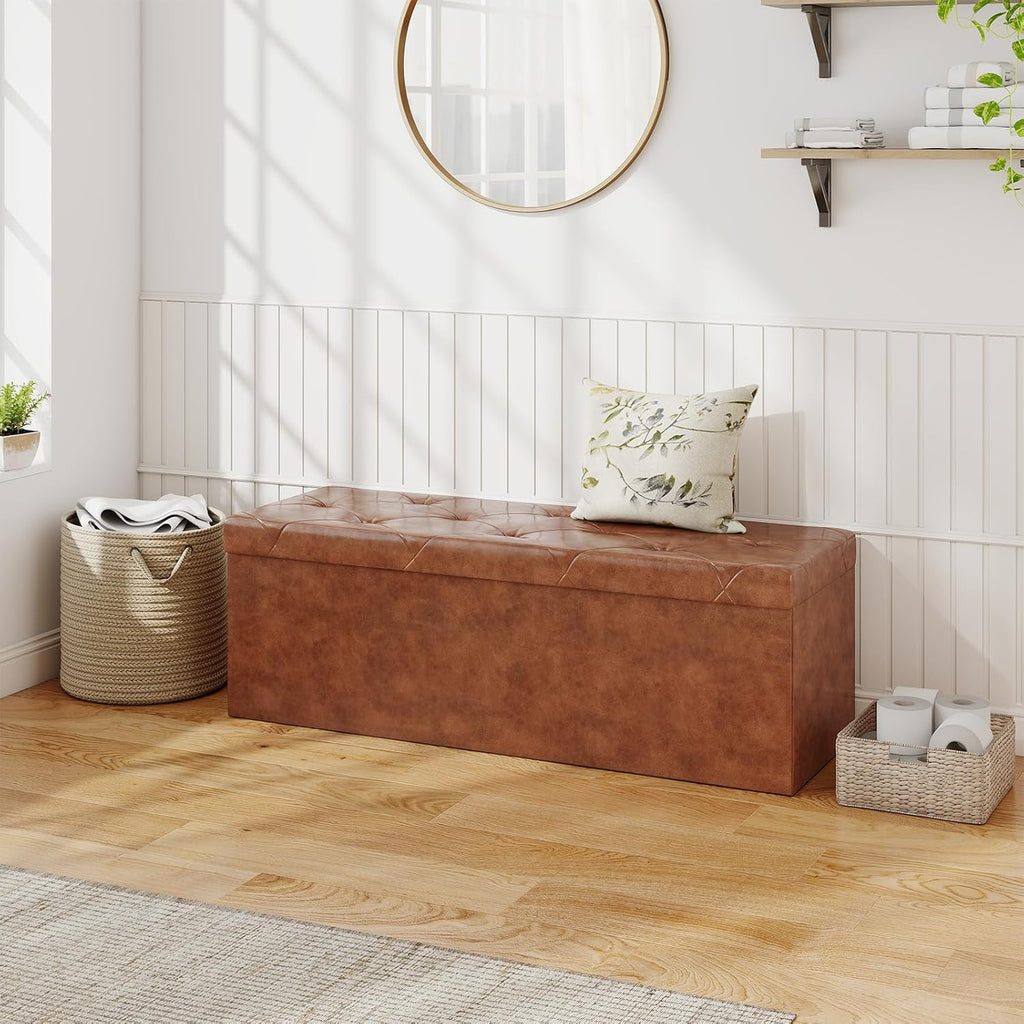 Sweetcrispy 43 Inches Folding Ottoman with Storage Bench, Foot Rest Stool, End of Bed Storage Bench Upholstered, Load 660 lbs, for Living Room, Synthetic Leather, Brown