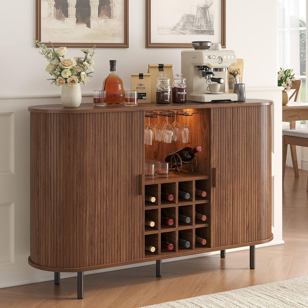 55 Inch Fluted Wine Bar Cabinet, Liquor Cabinet with LED Light, Coffee Bar Cabinets with Storage, Mid-Century Modern Bar Cabinet with Charge Station Wine Racks for Kithcen (Walnut)