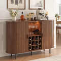 55 Inch Fluted Wine Bar Cabinet, Liquor Cabinet with LED Light, Coffee Bar Cabinets with Storage, Mid-Century Modern Bar Cabinet with Charge Station Wine Racks for Kithcen (Walnut)