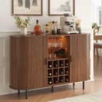 55 Inch Fluted Wine Bar Cabinet, Liquor Cabinet with LED Light, Coffee Bar Cabinets with Storage, Mid-Century Modern Bar Cabinet with Charge Station Wine Racks for Kithcen (Walnut)