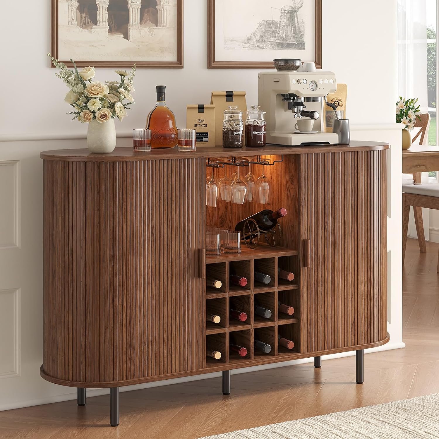 55 Inch Fluted Wine Bar Cabinet, Liquor Cabinet with LED Light, Coffee Bar Cabinets with Storage, Mid-Century Modern Bar Cabinet with Charge Station Wine Racks for Kithcen (Walnut)