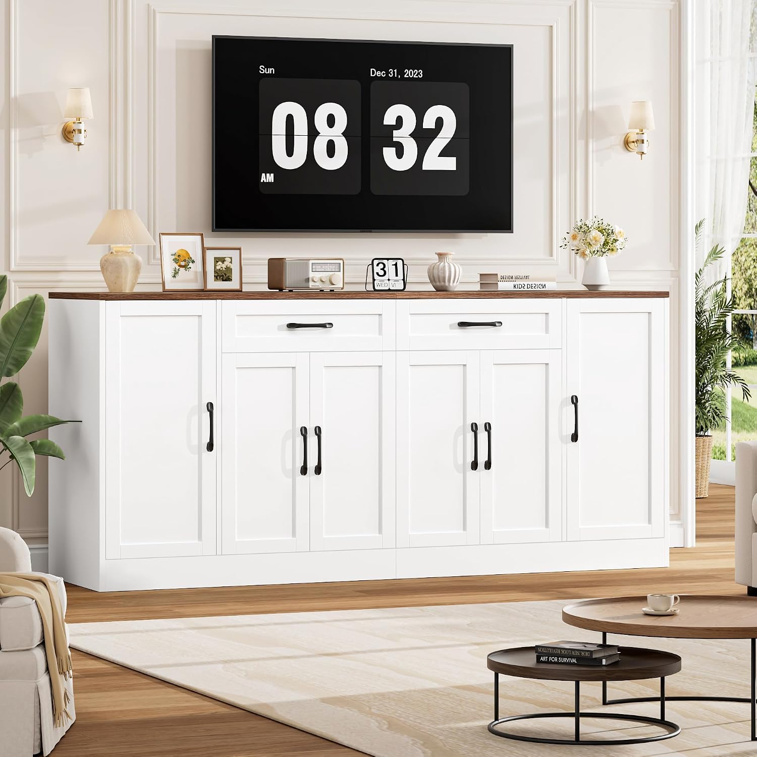 BOTLOG 71” Large Buffet Cabinet with Storage, Sideboard Buffet Cabinet with Adjustable Shelves and 6 Soft-Close Doors, Wood Coffee Bar Console Table for Kitchen, Dining Room, White