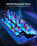 VEVOR LED Lighted Liquor Bottle Display, 2-Tier 30-Inch Whiskey Rack, Support USB, Illuminated Home Bar Shelf with RF Remote & App Control, 7 Static Colors, Acrylic+ Wood Lighted Shelf for 15 Bottles