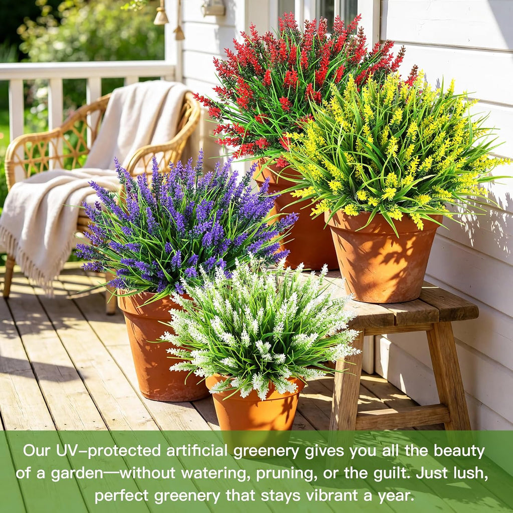 16 Bundles Faux Outdoor Plants, UV Resistant Fake Lavender & Monkey Grass, Realistic Artificial Flowers & Greenery for Outdoor Planters, Porch, Patio, Farmhouse Decor (Purple)