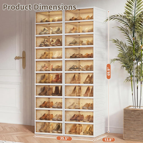 10-Tier Foldable Shoe Rack Organizer, 40 Pairs Stackable & Collapsible Shoe Cabinet with Transparent Doors & Leather Handles, Space-Saving Storage for Closet, Kitchen, Cabinet (No Boots Tier)
