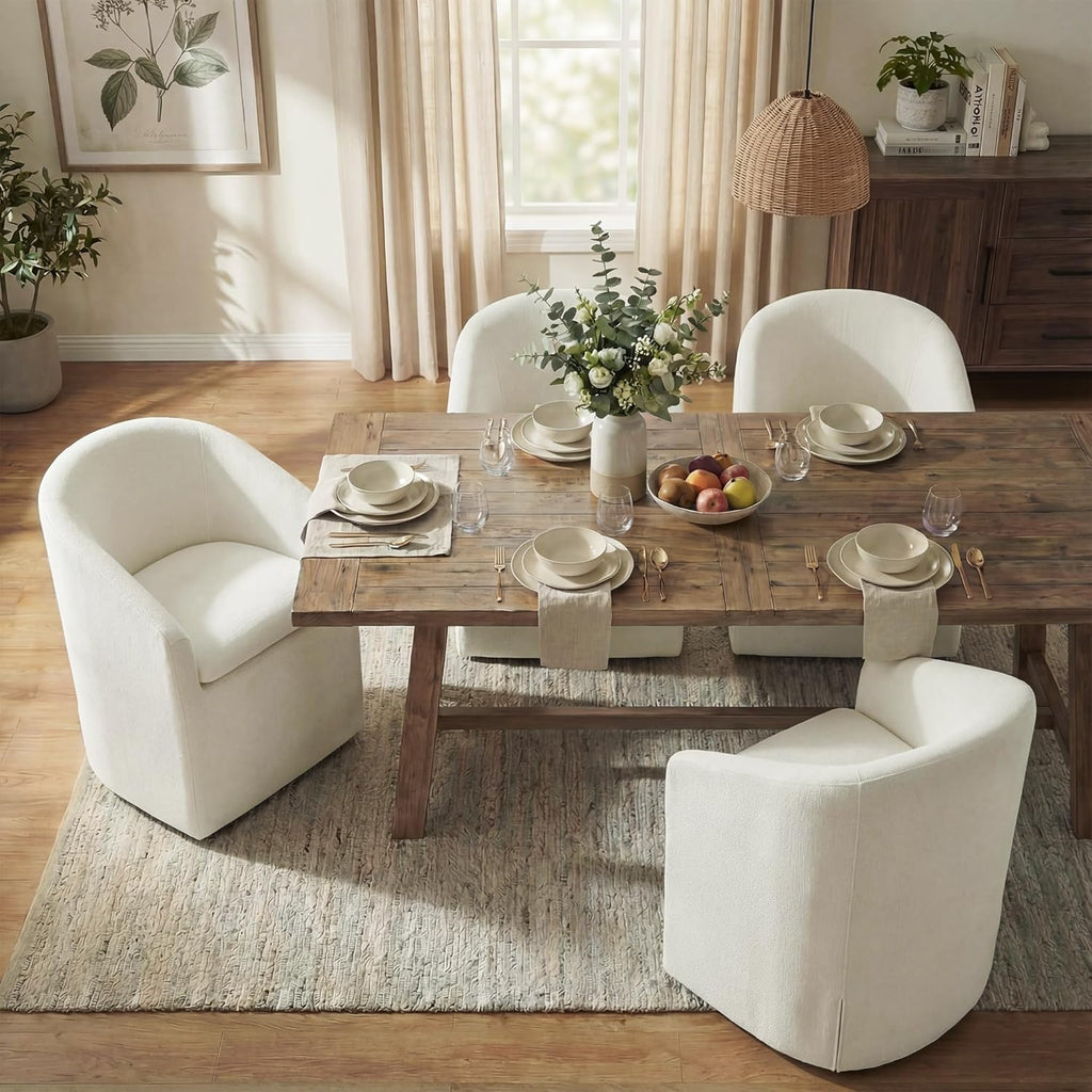 KISLOT Upholstered Dining Chairs with Casters, Washable Cover Modern Dining Room Chairs with Barrel Backrest & Dual Armrest for Kitchen, Living Room, Bedroom, Linen Fabric, 4PCS