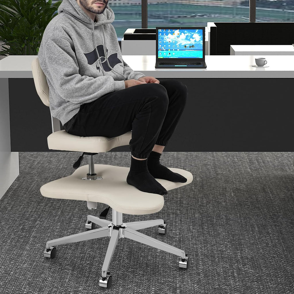 Cross Legged Office Chair with Wheels, Criss Cross Chair with 2 Adjustable Cushions, Ergonomic Meditation Chair for Home Office, Kneeling Chair with Swivel Base, Ivory White