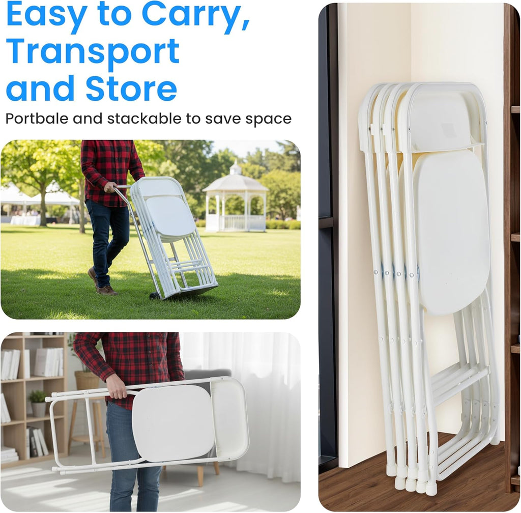 HealSmart Set of 10 Plastic Folding Chairs, Portable Stackable Seats with Reinforced Metal Frame, 330 Lbs Load Capacity, Multipurpose Furniture for Wedding Party Picnic Office Indoor Use, White