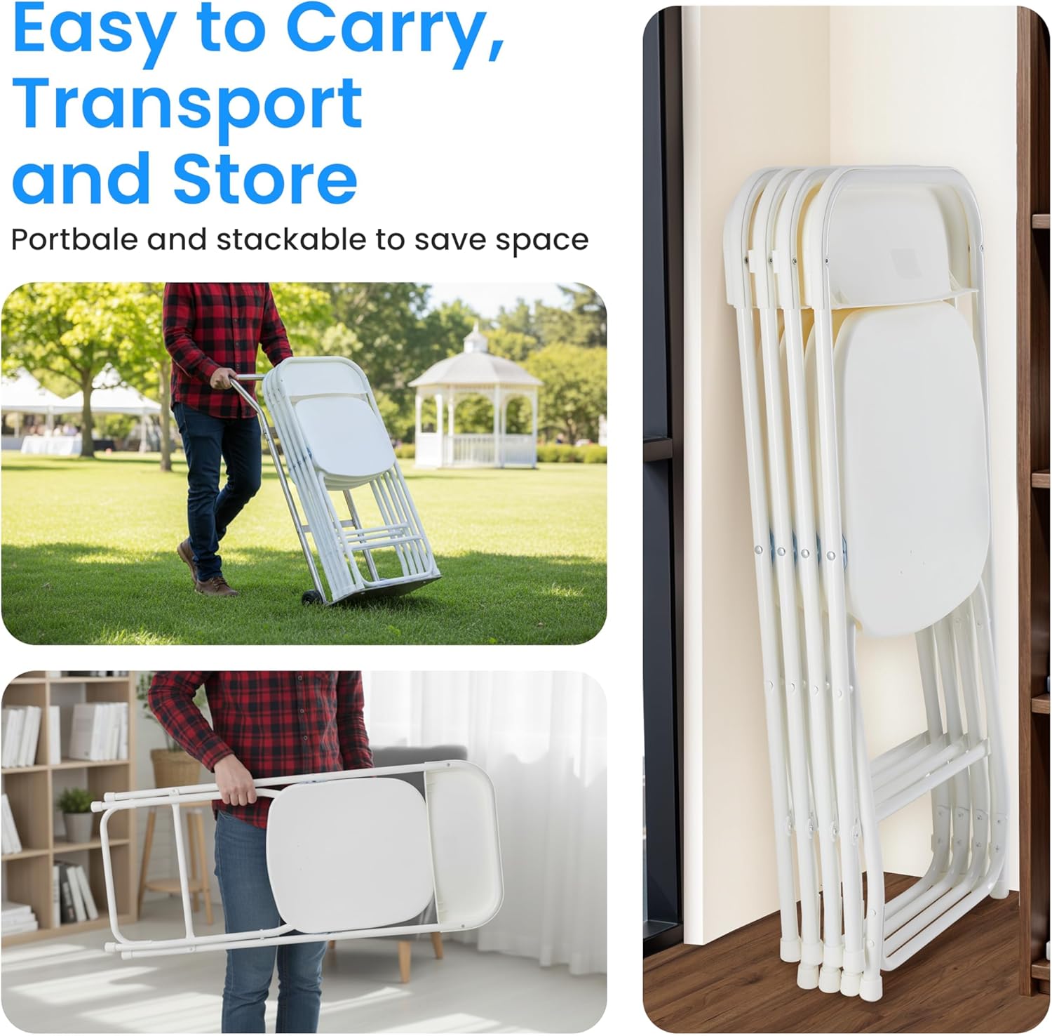 HealSmart Set of 10 Plastic Folding Chairs, Portable Stackable Seats with Reinforced Metal Frame, 330 Lbs Load Capacity, Multipurpose Furniture for Wedding Party Picnic Office Indoor Use, White
