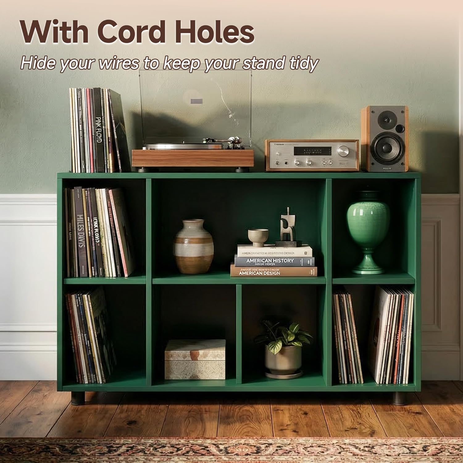 Record Player Stand with Charging Station, Green | Vinyl Record Storage Cabinet, Holds Up to 500+ Albums, Metal Turntable Stand with Large Tabletop for Music Room Studio