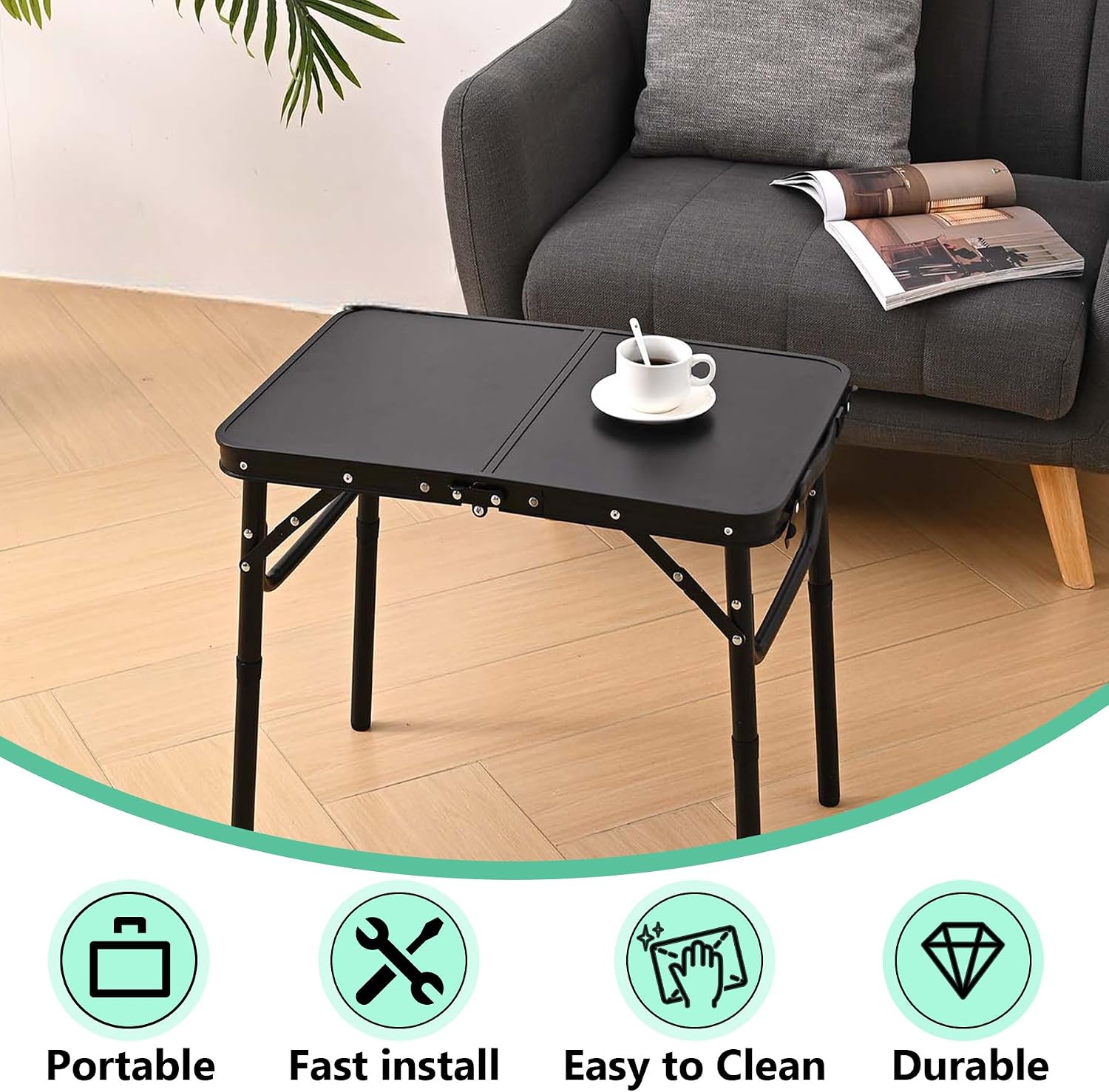 YihuiKo Folding TV Tray, Lightweight Portable Small Folding Table | Adjustable Height, Snack Side Table for Bed Sofa, End Side Table for Living Room Couch Bedroom, Carry Handle, Storage Net