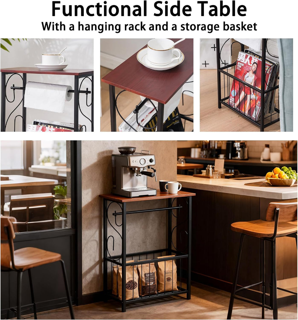 PARISLOFT Bathroom Narrow Side Table Organizer,Toilet Paper Holder Stand with Roll Dispenser & Magazine Rack, Metal Frame with Wood Top for Bathroom Organization, Coffee Color