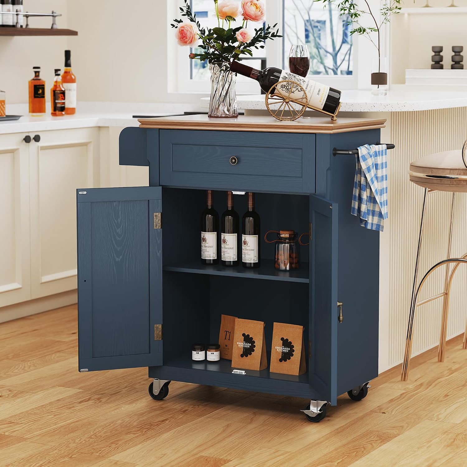 HLR 26'' Small Kitchen Island, Vintage Wood Rolling Kitchen Island Cart with Storage Cabinet and Drawer, Kitchen Cart on Wheels with Spice Rack & Towel Rack for Dining Room, Blue