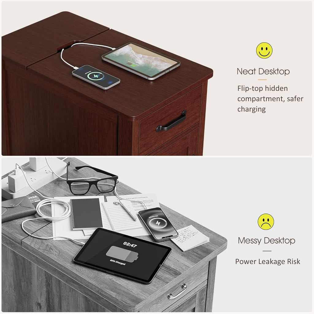 Side Table Set of 2 with Charging Station, 23.6" Tall End Table with Flip-Top Hidden Outlets & USB-C Port, Narrow Nightstand with Drawer and Storage Cabinet for Bedroom, Living Room,Small Spaces