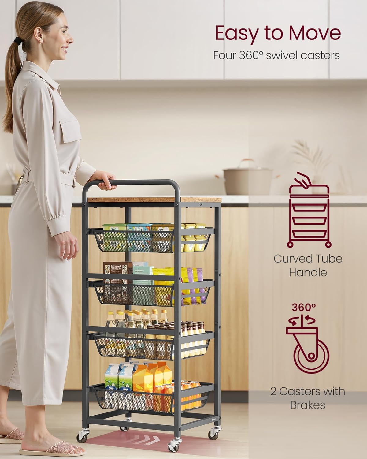 VASAGLE Storage Rolling Cart with Pull-Out Baskets, 5-Tier Utility Cart Orgnizer with Wheels for Laundry Room, Kitchen, Handle, 12.5 x 15.8 x 37.4 Inches, Rustic Brown and Ink Black ULRC041K01