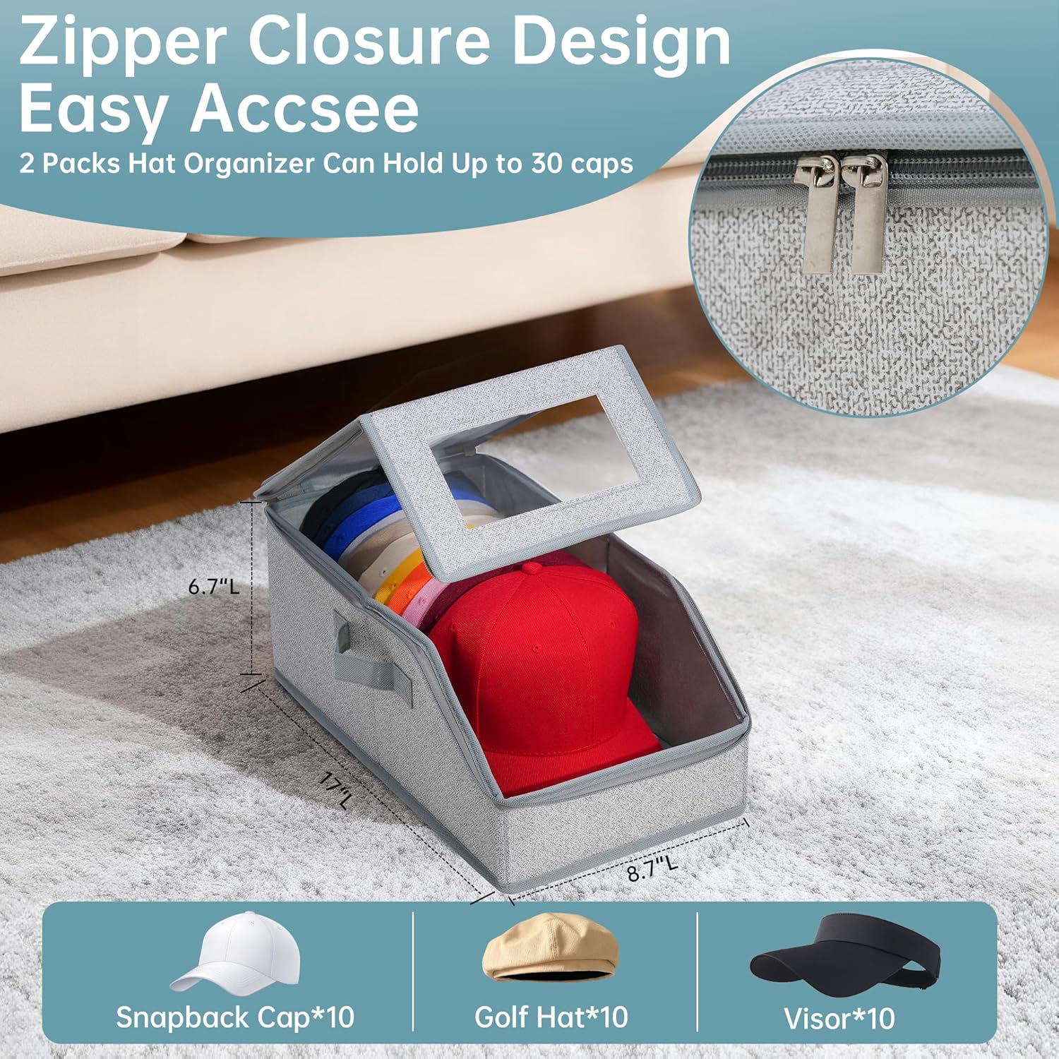 luckin smile Hat Organizer for Baseball Caps - Holds Up to 30 Caps, Includes 4 Hat Hooks, Closet Stackable Hat Box with Cardboard, Sturdy & Durable Dustproof Baseball Cap Organizer (2, Light Gray)