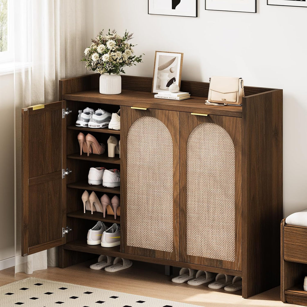 Shoe Cabinet Storage for Entryway - Rattan Accent Cabinet with 3 Doors & Adjustable Shelves, 6-Tier Large Wood Shoes Cabinets with Organizer Rack for Entry Way, Hallway, Living Room, Walnut