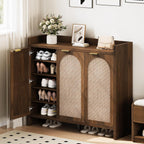 Shoe Cabinet Storage for Entryway - Rattan Accent Cabinet with 3 Doors & Adjustable Shelves, 6-Tier Large Wood Shoes Cabinets with Organizer Rack for Entry Way, Hallway, Living Room, Walnut