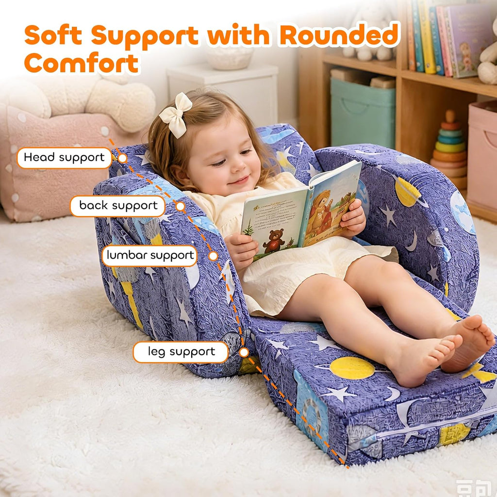3-in-1 Kids Couch, Toddler Chair Comfy 1-3 Years Old, Kids Fold Out Couch with Blanket, Convertible Sofa to Lounger for Girls and Boys Reading, Playing, Napping - Blue
