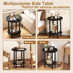 Round Side Table with Storage Shelf, 2 Tier Accent End Table with Spindle Legs, Modern Nightstand Beside Table for Living Room, Bedroom, Office, Black