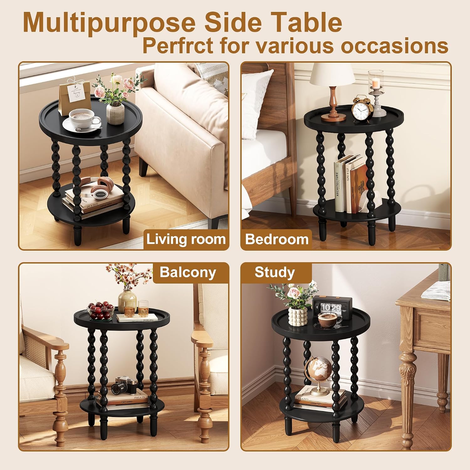 Round Side Table with Storage Shelf, 2 Tier Accent End Table with Spindle Legs, Modern Nightstand Beside Table for Living Room, Bedroom, Office, Black