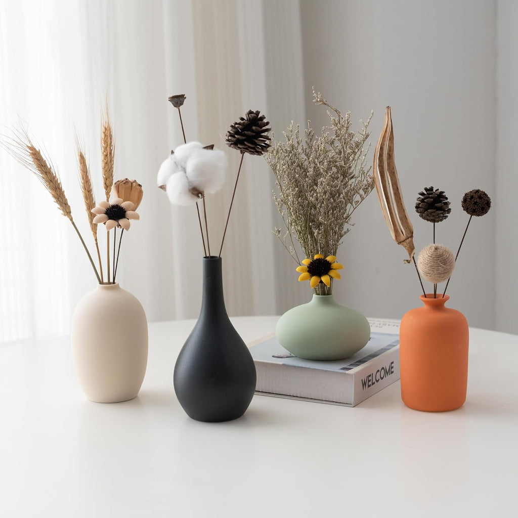 Ceramic Vase Set of 4 with Dried Flowers Round Matte | For Modern Minimalist Bohemian, Pampas Grass, Home, Office, Shelf, Living Room, Bedroom,Entryway Decor