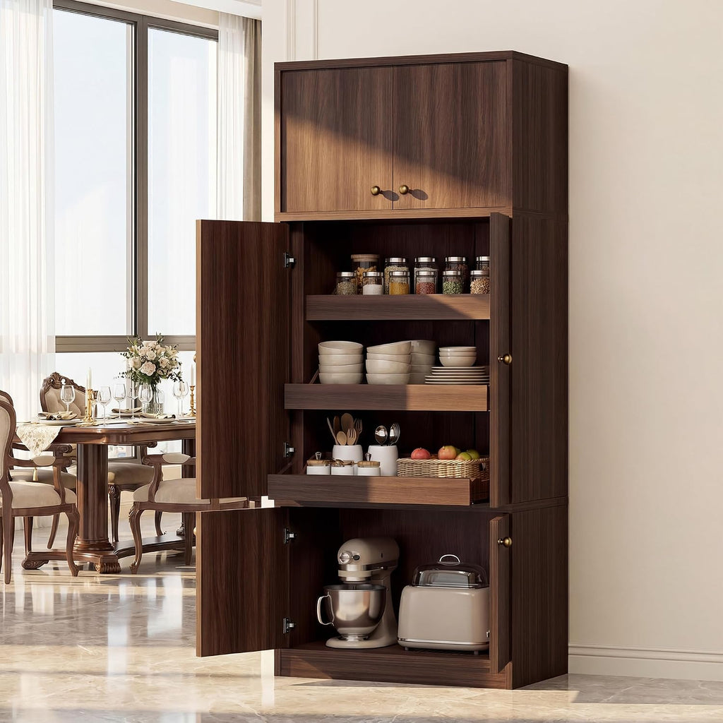 71" Tall Kitchen Pantry Cabinet - Walnut Wood Storage Cabinet with 6 Doors and Adjustable Shelves, Freestanding Kitchen Storage Cabinets with Open Drawers for Kitchen Dining Room Living Room