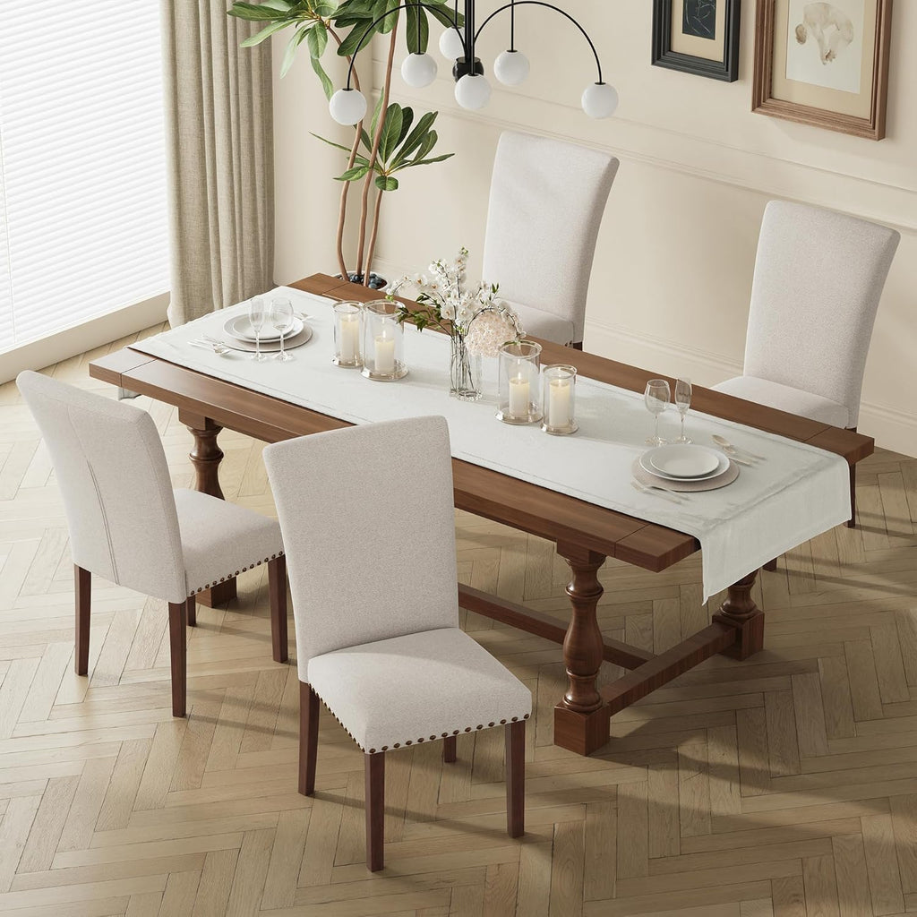 COLAMY Upholstered Parsons Dining Chairs Set of 2, Fabric Dining Room Kitchen Side Chair with Nailhead Trim and Wood Legs - Beige