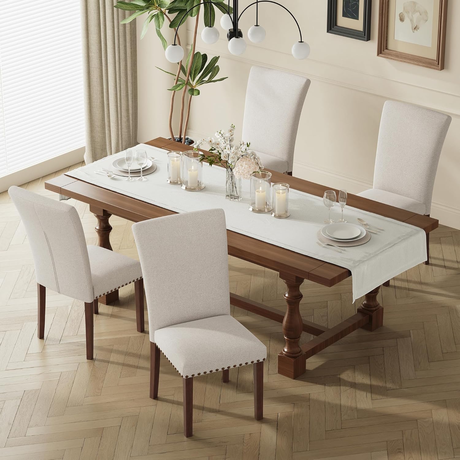 COLAMY Upholstered Parsons Dining Chairs Set of 2, Fabric Dining Room Kitchen Side Chair with Nailhead Trim and Wood Legs - Beige