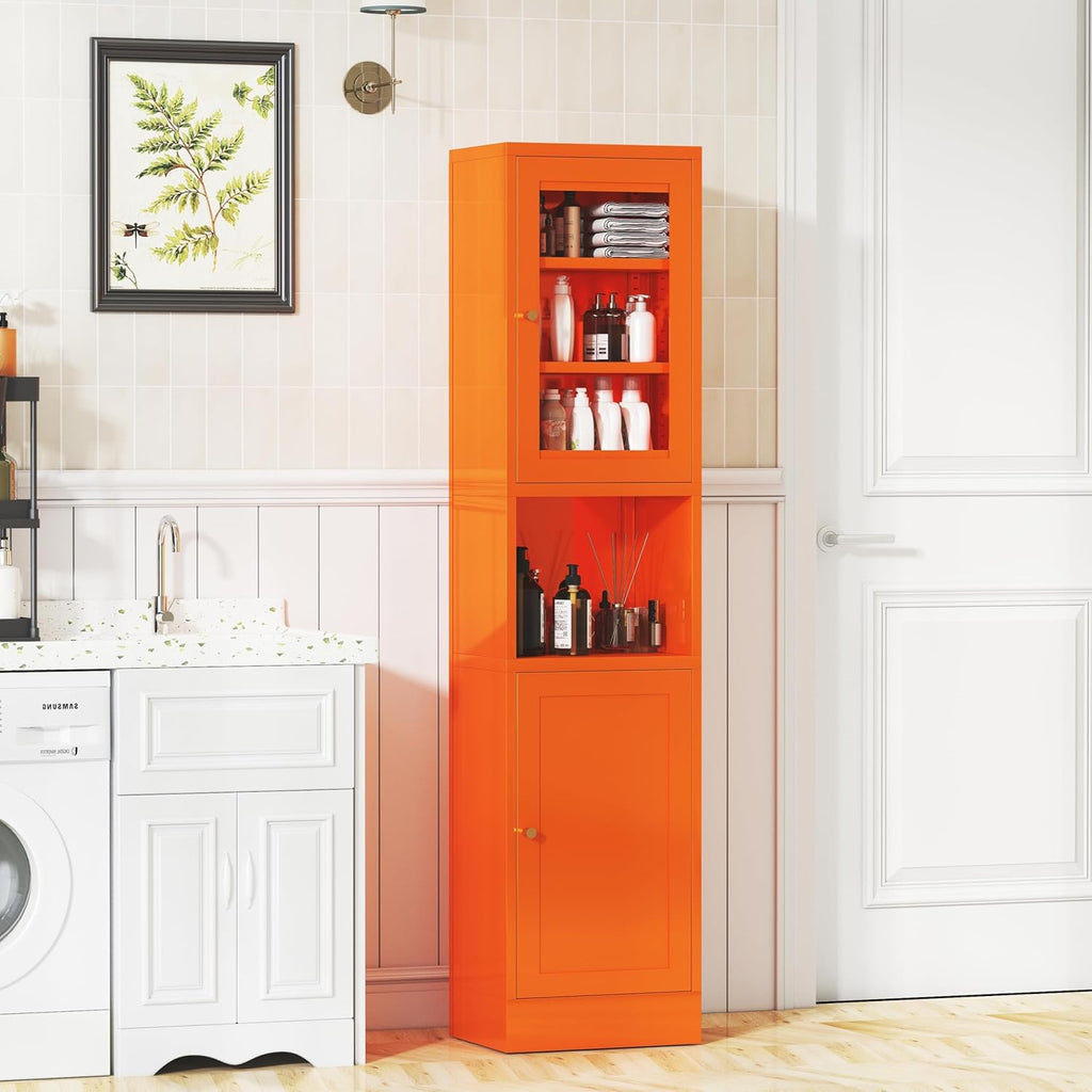 67" Tall Metal Pantry Cabinet with Microwave Stand,Microwave Storage Cabinet with 2 Doors & 3 Adjustable Shelves for Kitchen (2 Glass Doors-Orange, 11.81" D x 15.75" W x 66.93" H)