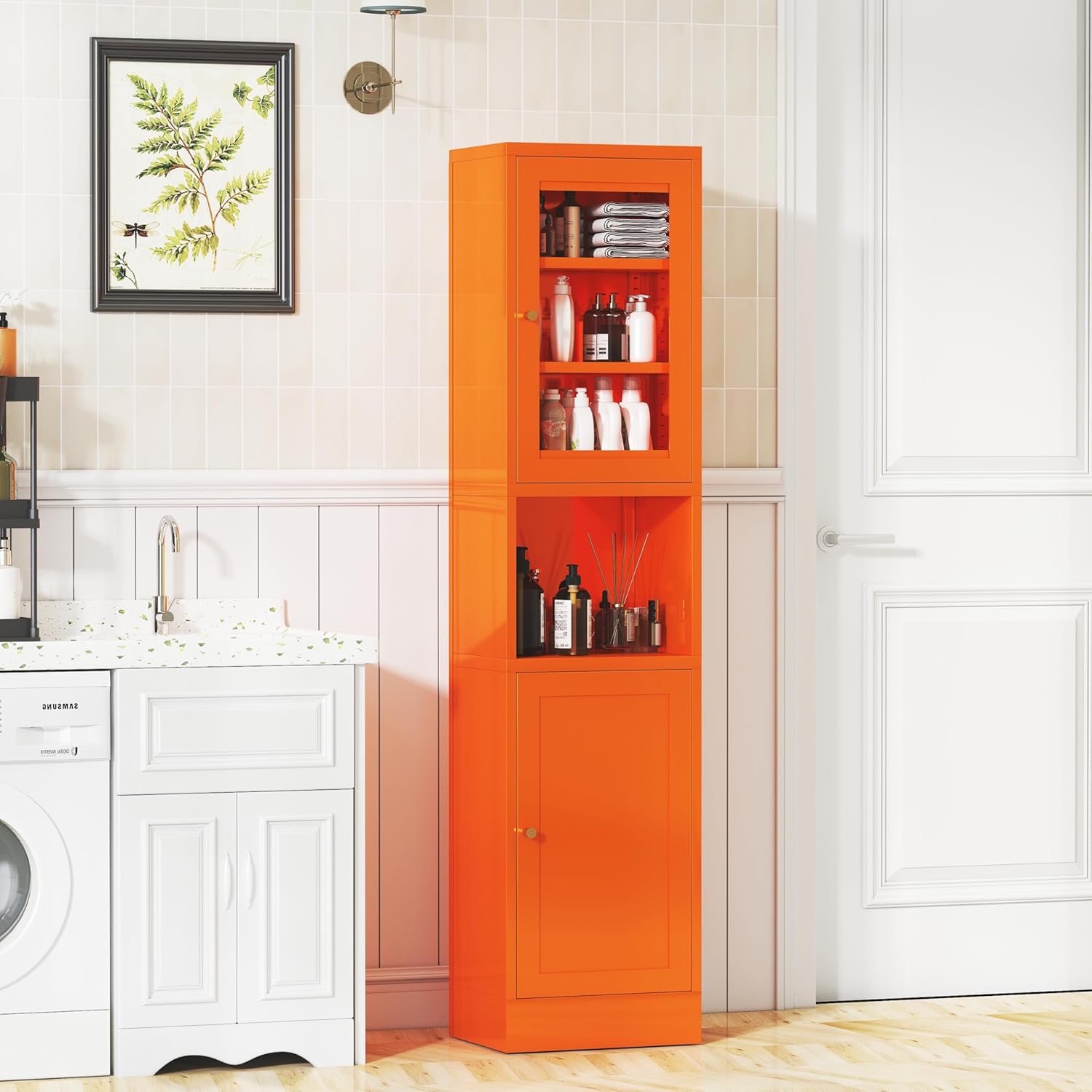 67" Tall Metal Pantry Cabinet with Microwave Stand,Microwave Storage Cabinet with 2 Doors & 3 Adjustable Shelves for Kitchen (2 Glass Doors-Orange, 11.81" D x 15.75" W x 66.93" H)