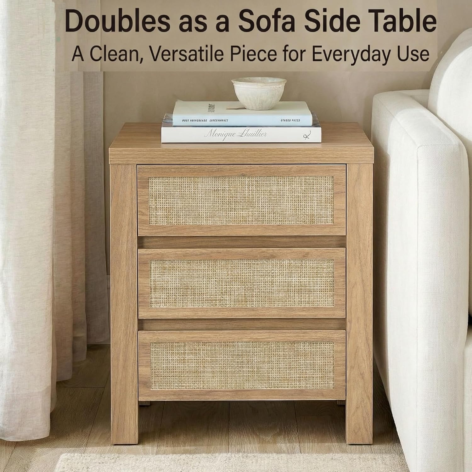 XIAO WEI 23.6“W 3 Drawer Set of 2 Rattan Nightstand with Charging Station, Boho Bedside Table, Tall End Table for Bedroom, Wood Accent Bed Side Table with Storage, Reclaimed Light Oak