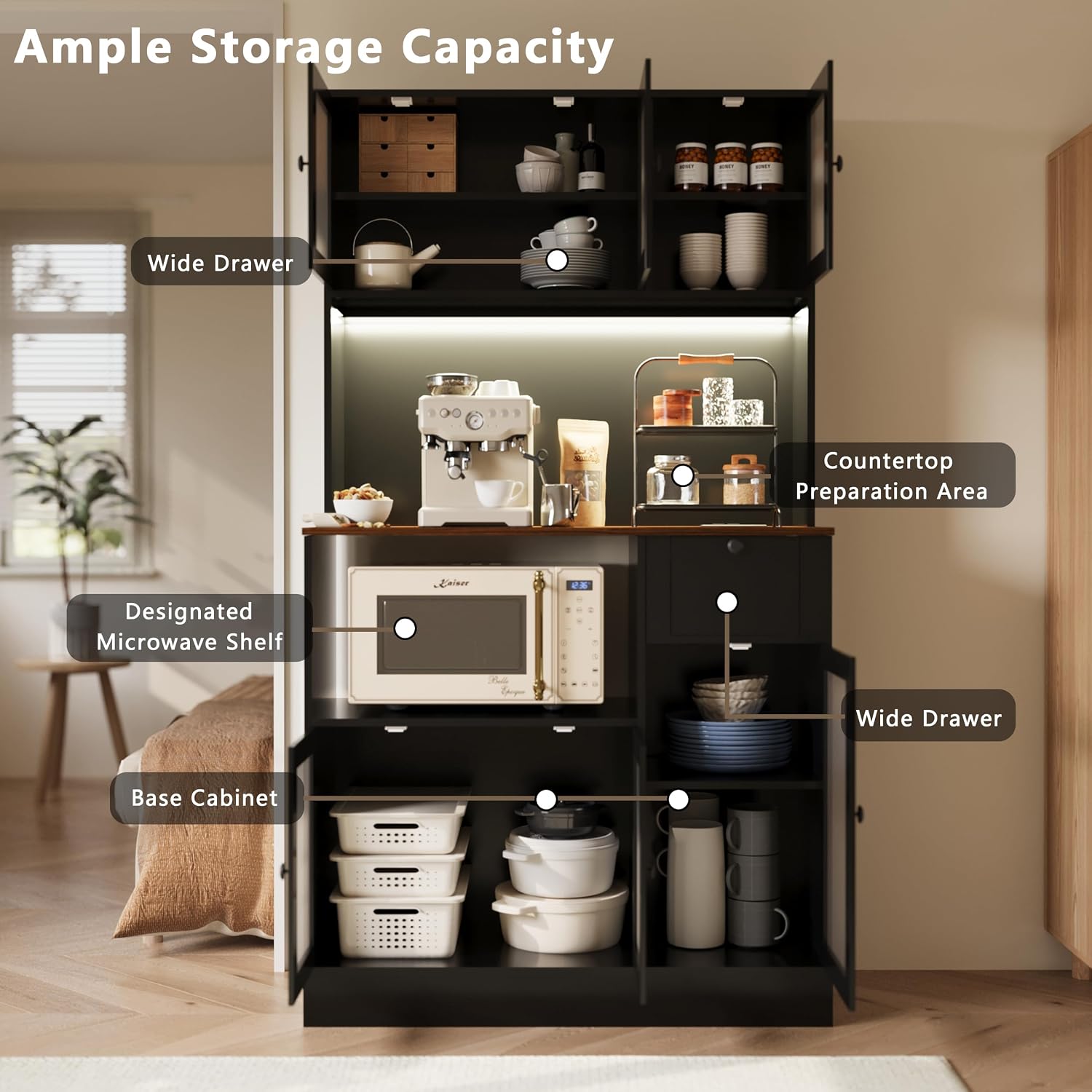 71" Kitchen Hutch Cabinet with Storage for Living & Dining Room, Kitchen Pantry Cabinet with LED Light & Outlet, Black and Walnut
