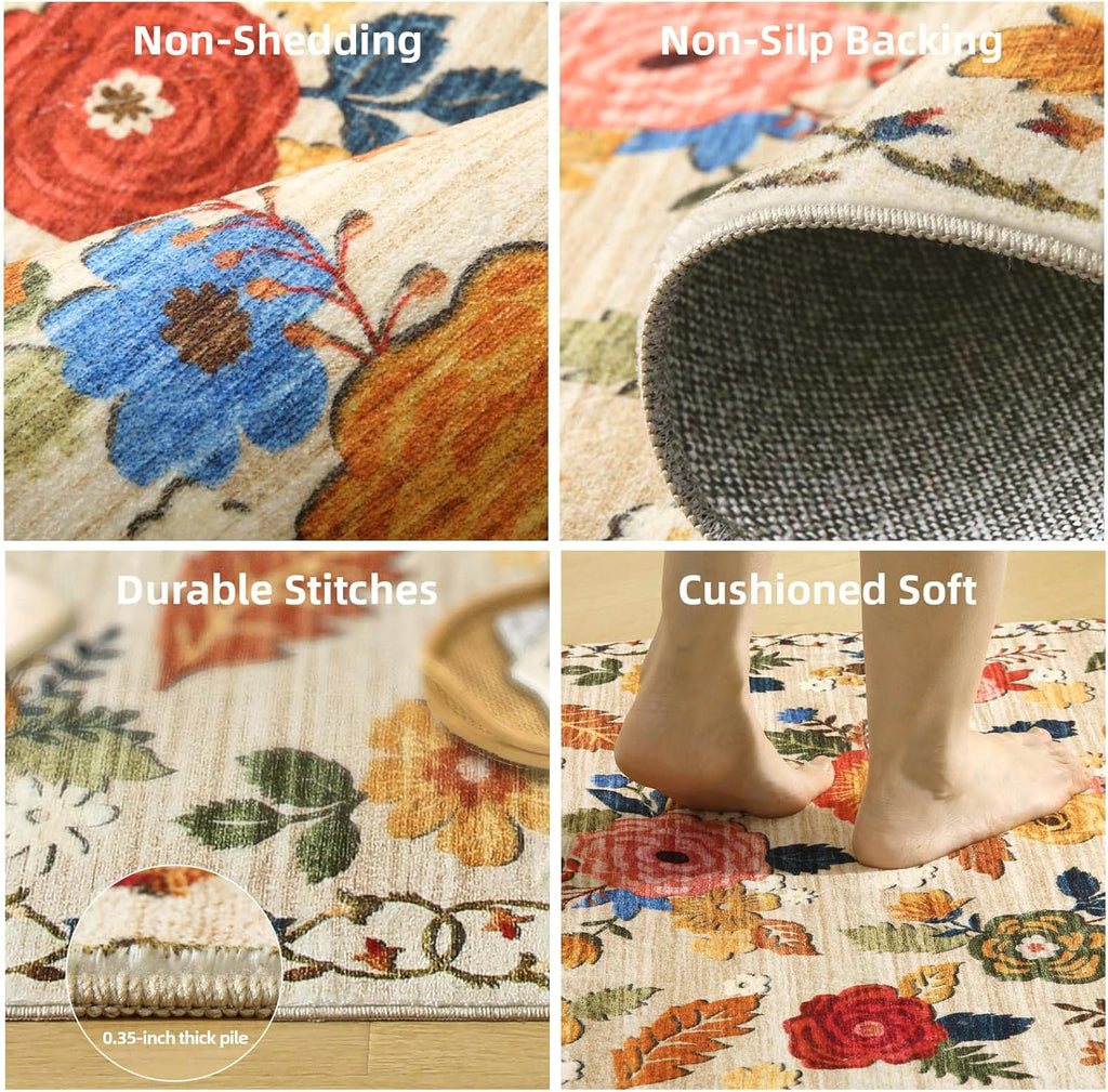 8x10 Area Rugs for Living Room: Washable Rug Non Slip Low Pile Soft Faux Wool Non Shedding Distressed Vintage Floral Large Area Rugs for Bedroom Dining Room Nursery Under Table Farmhouse Home Office