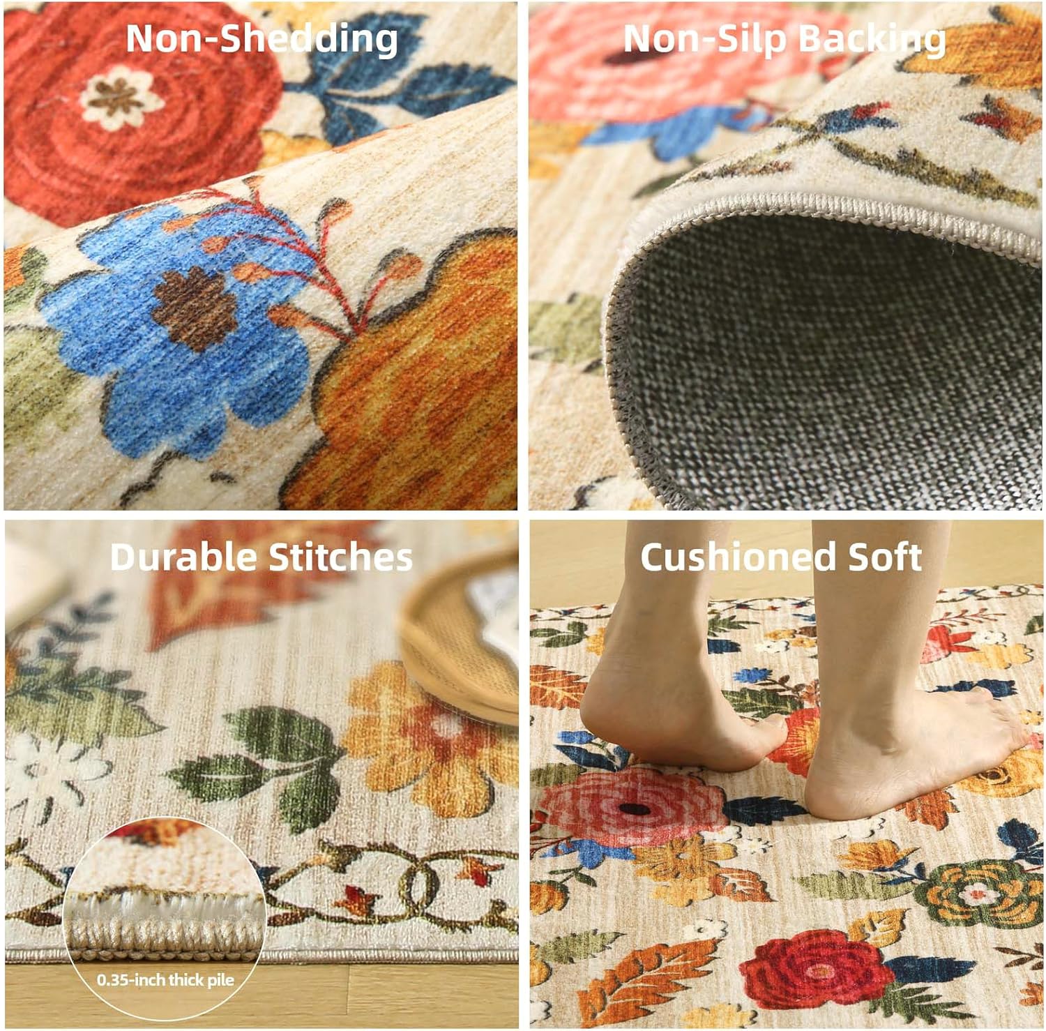 8x10 Area Rugs for Living Room: Washable Rug Non Slip Low Pile Soft Faux Wool Non Shedding Distressed Vintage Floral Large Area Rugs for Bedroom Dining Room Nursery Under Table Farmhouse Home Office