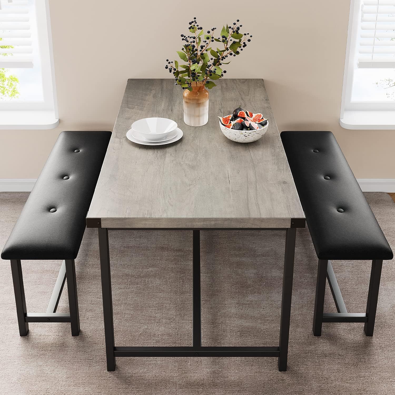 IDEALHOUSE Dining Table Set for 4, Kitchen Table with Upholstered Bench, 3 Piece Rectangular Dining Room Table Set with 2 Benches, for Small Space, Apartment, Studio, Home, Retro Gray