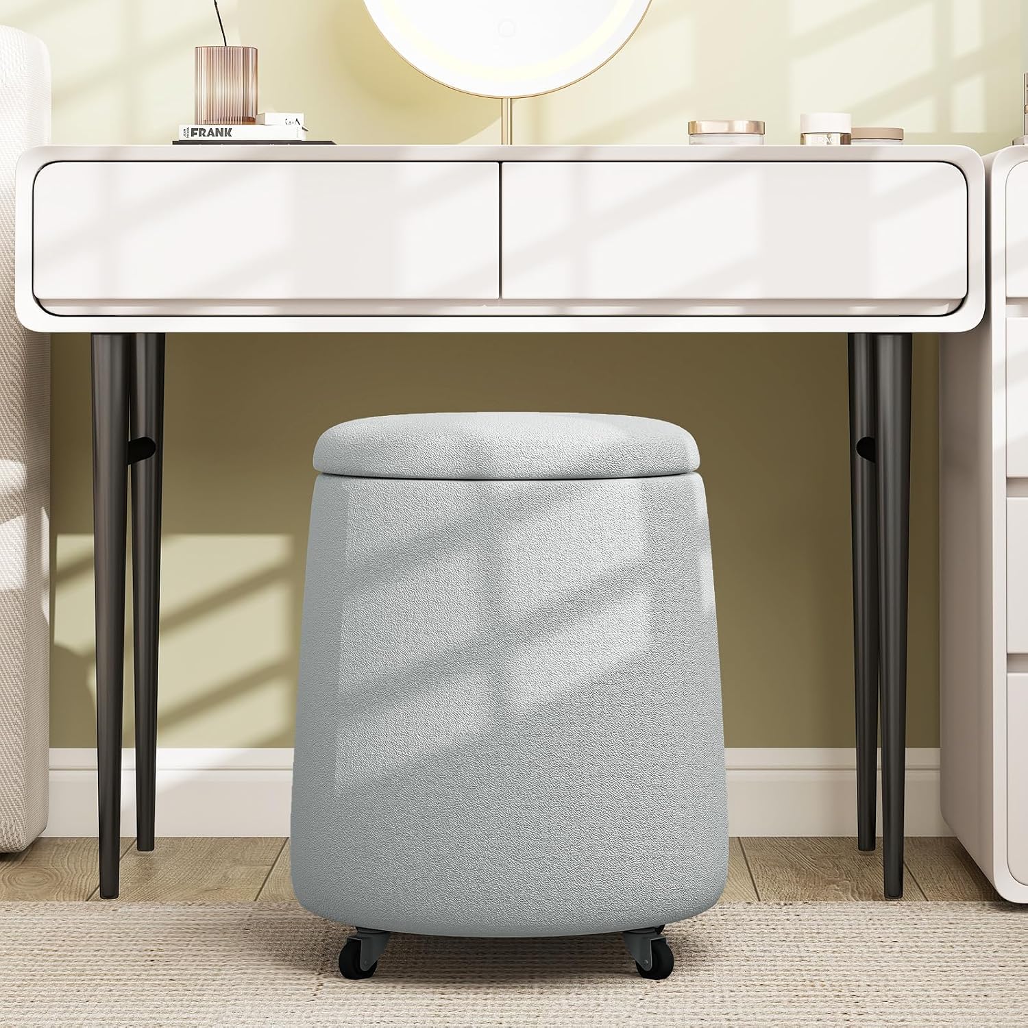 Storage Ottoman with Wheels, 15"W Swivel Rolling Foot Stool Boucle Terry Fabric Coffee Table Ottoman with Hidden Storage, Round Vanity Stools for Makeup Room Living Room Bedroom Entryway Dorm, Grey