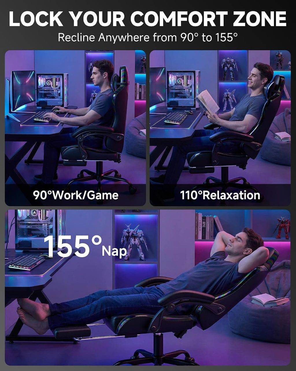 GTPLAYER Gaming Chair, Ergonomic Computer Office Chairs for Adults with Footrest, Height Adjustable, Linkage Armrests, 90-155° Recline & Headrest Lumbar Support, Black